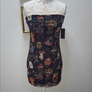 Y2K Ed Hardy Strapless Dress with Bold Tattoo Graphics